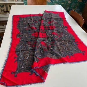 Talbots Wool Scarf Shawl Vintage Woven Red Plaid Paisley Classic Festive Italy